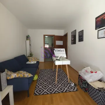 Dnevna soba sa plavom kaučem, radnim stolom i tepihom sa uzorkom. - image 6