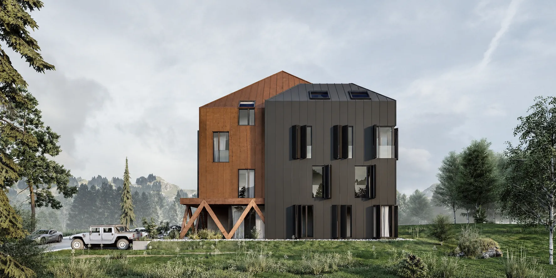 Pogled na spoljašnjost moderne zgrade sa drvenom i tamnom metalnom fasadom u šumskom okruženju.