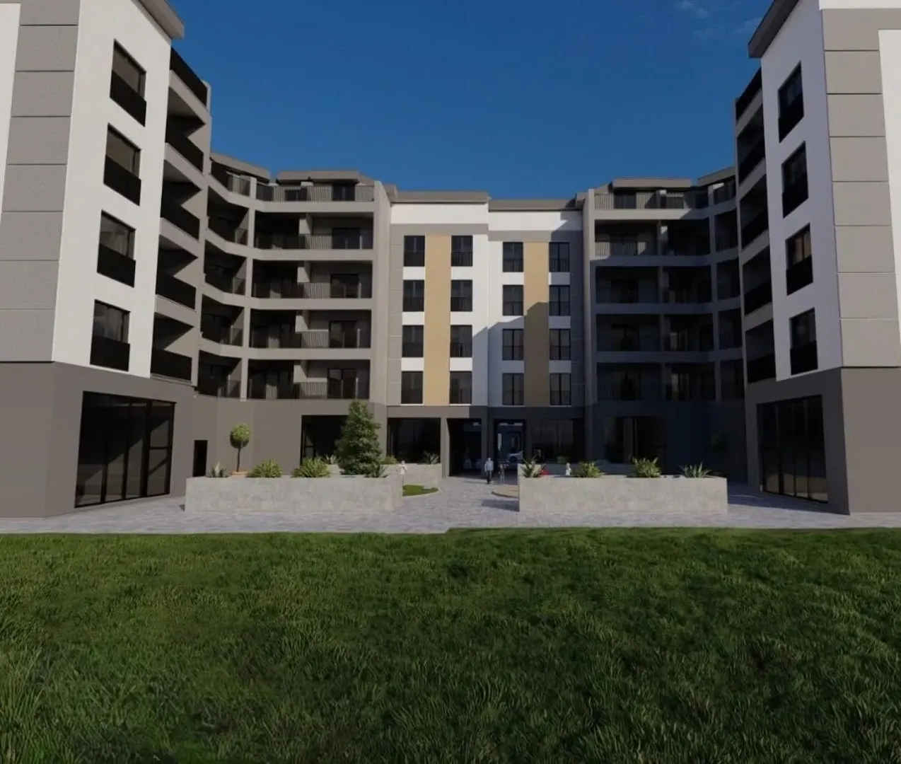 Spoljašnji izgled moderne stambene zgrade sa dvorištem.