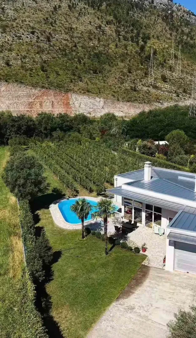 Aerial view of the house with a swimming pool and yard.
