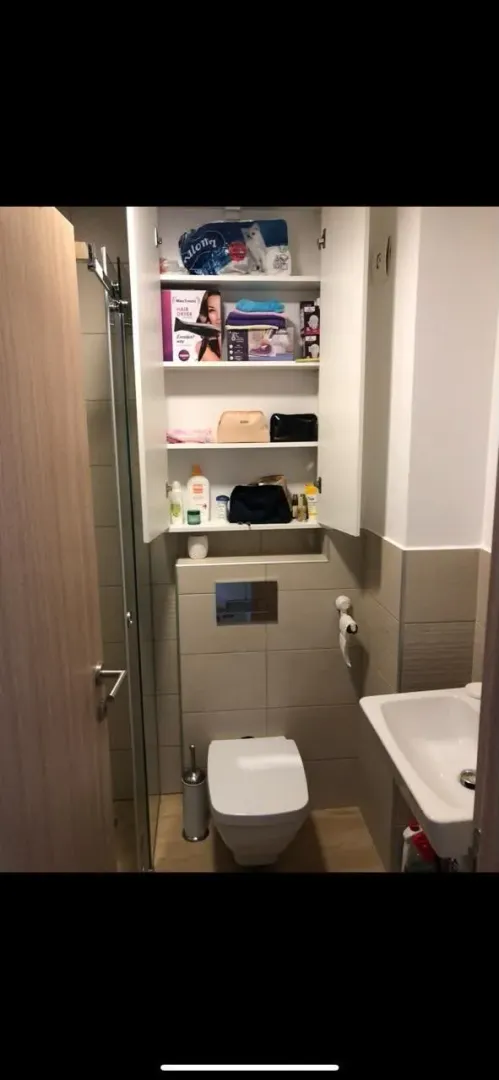 Small bathroom with a toilet, washbasin, and a built-in cabinet above.