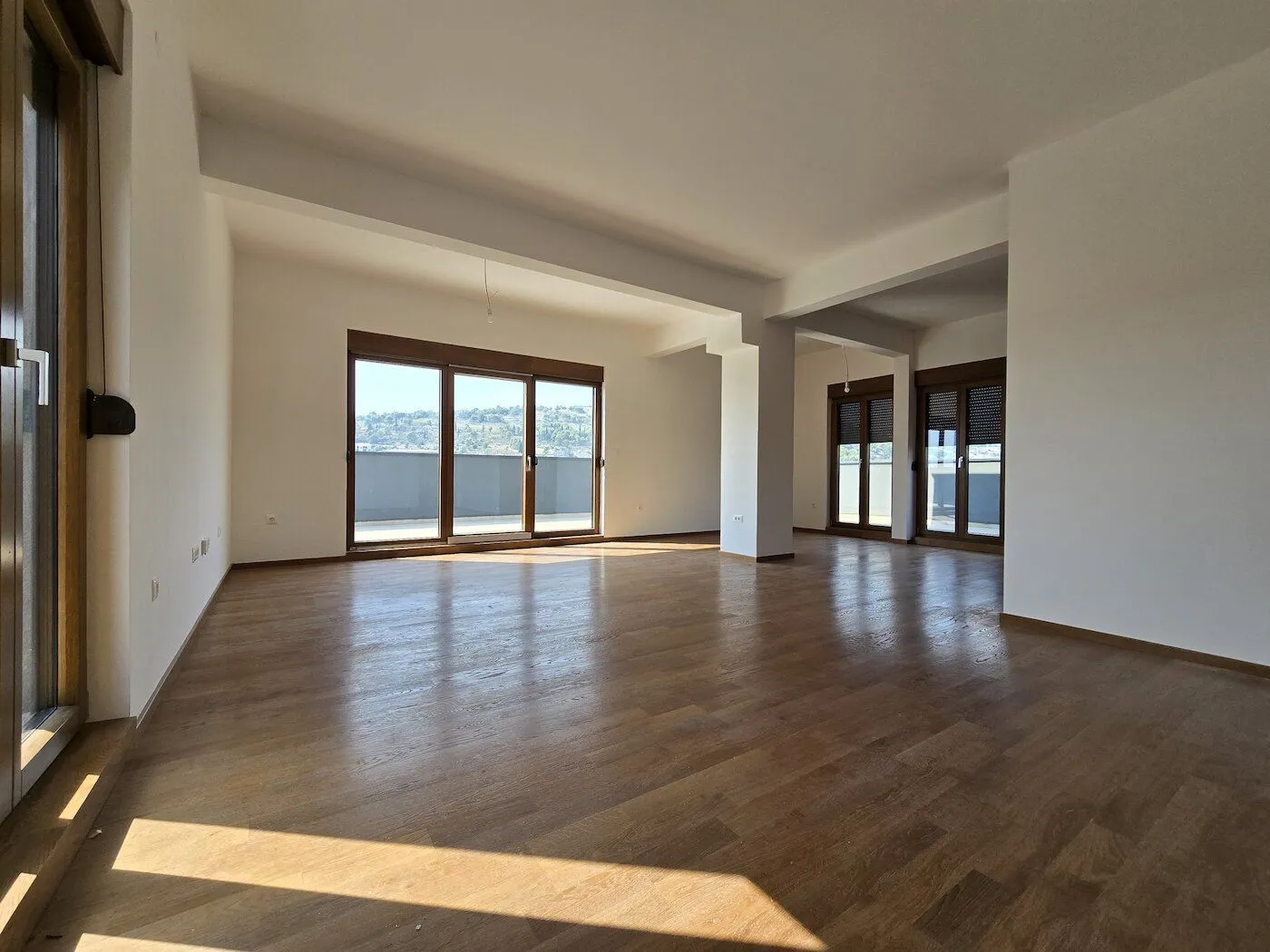 Spacious empty living room with wooden flooring and large glass surfaces.
