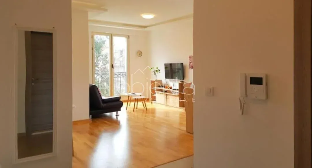 Pogled iz hodnika na namještenu dnevnu sobu sa drvenim podom.