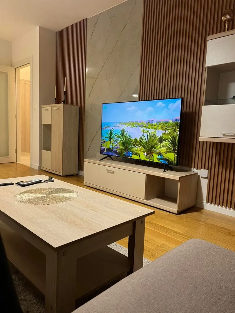 Modern living room with wooden wall panels and a TV unit.