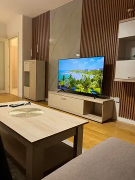 Modern living room with wooden wall panels and a TV unit. - image 2