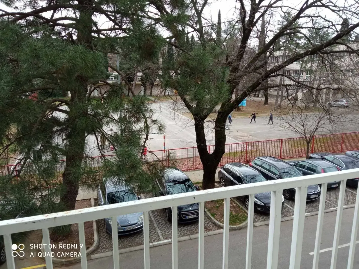 View from the terrace overlooking a parking lot and trees.