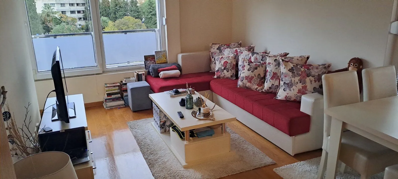 Living room with a sofa, coffee table, and TV.