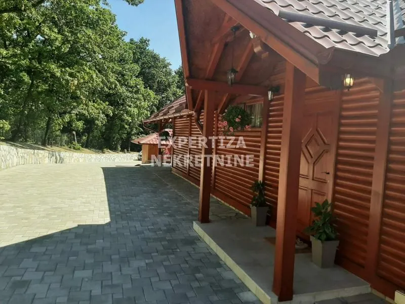 Eksterijer drvene kuće sa popločanim dvorištem i zelenilom.