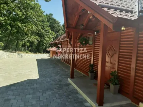 Eksterijer drvene kuće sa popločanim dvorištem i zelenilom. - image 10