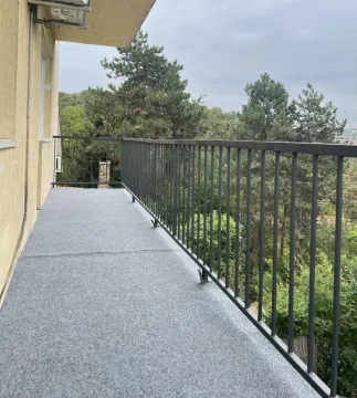 Dugački balkon sa metalnom ogradom i pogledom na šumu. - image 8