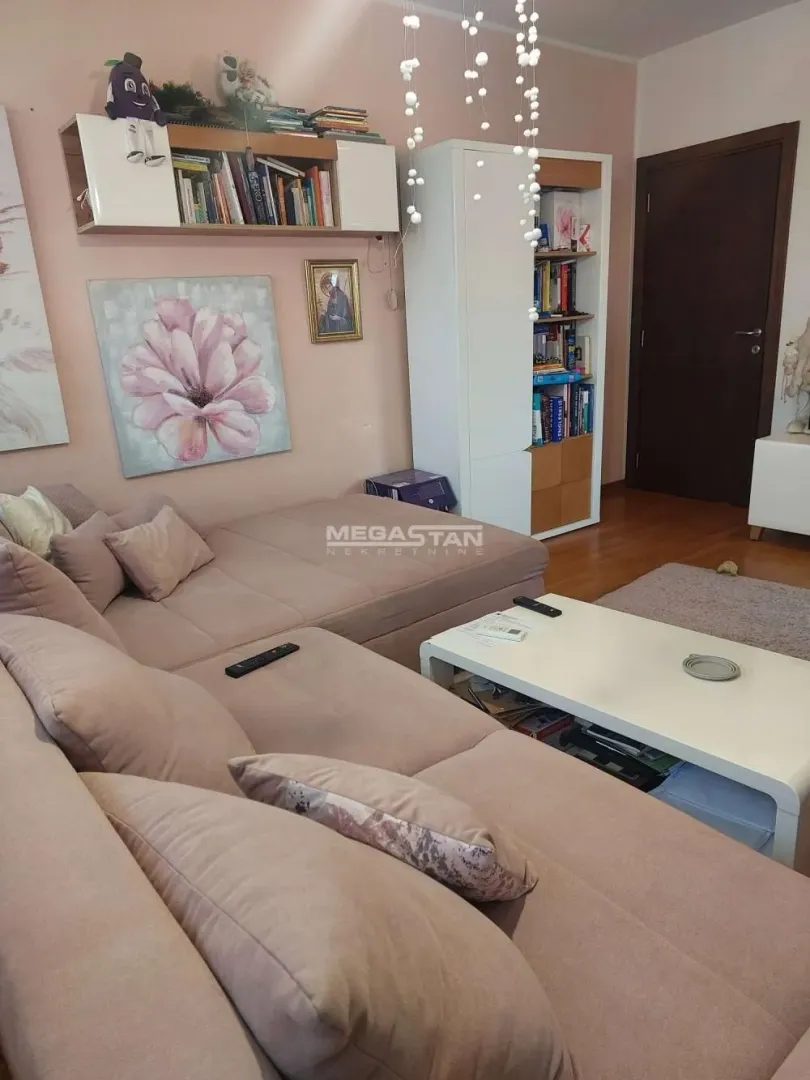 Living room with a sofa, bookshelves, and a white coffee table.