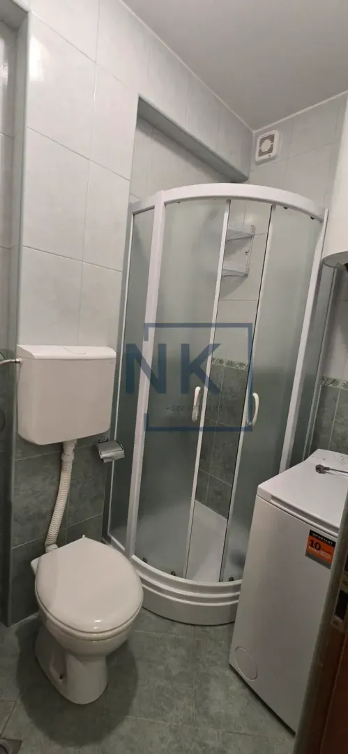 Bathroom equipped with a shower cabin, toilet, and washing machine.