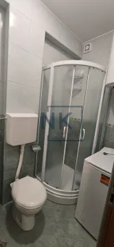 Bathroom equipped with a shower cabin, toilet, and washing machine. - image 8