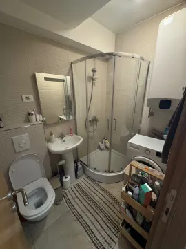 Manje kupatilo sa tuš kabinom, umivaonikom, toaletom i mašinom za veš. - image 10