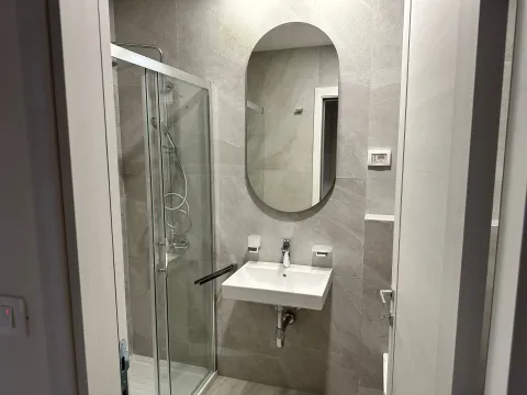 Moderne kupatilo sa tuš kabinom, umivaonikom i velikim ogledalom. - image 17