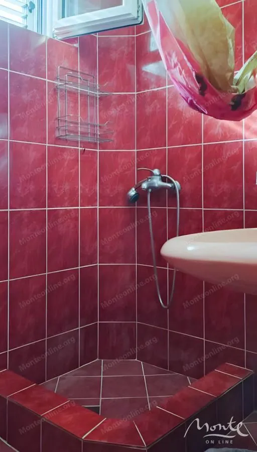 Kupatilo sa tuš kabinom obloženom crvenim pločicama.