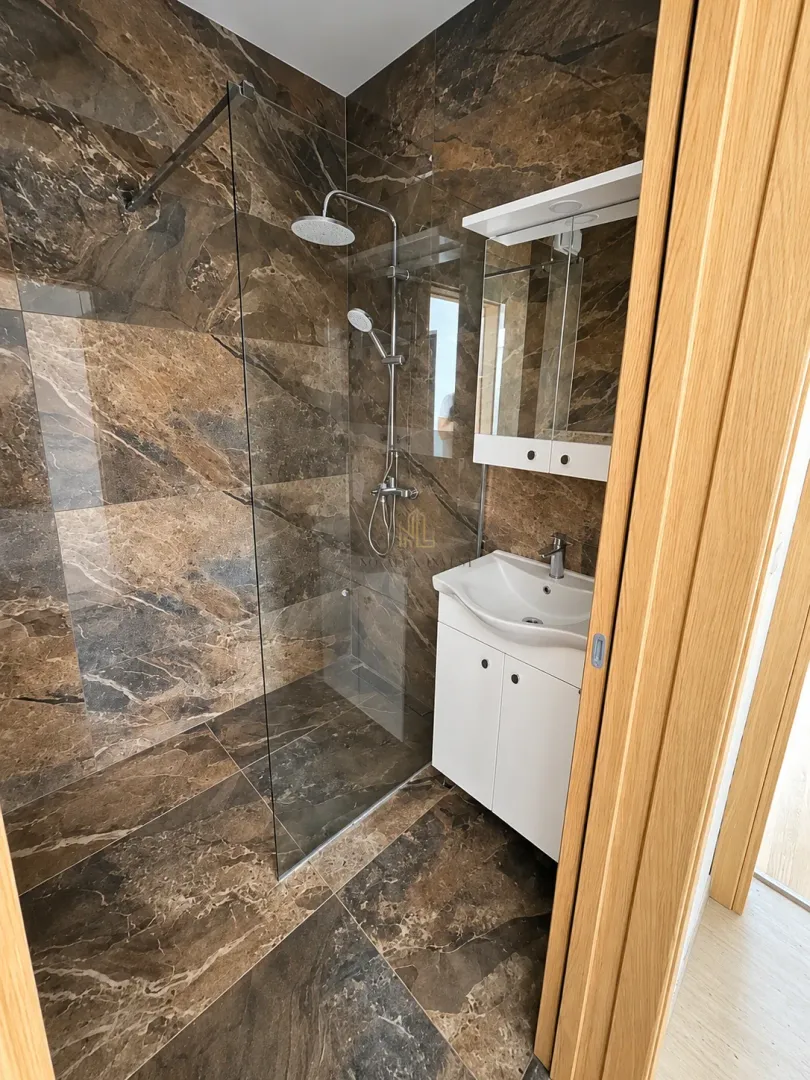Modernly equipped bathroom with a walk-in shower and washbasin.