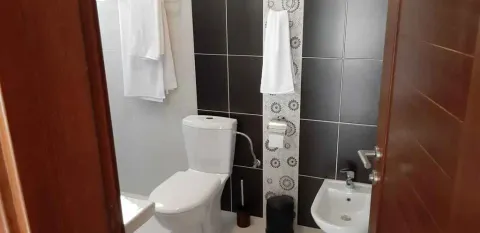Jednostavno kupatilo sa toaletom, bideom i tamnim zidnim pločicama. - image 30