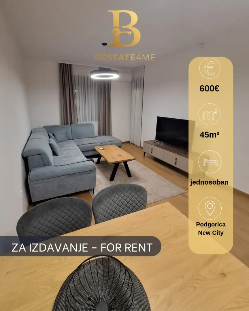 Living room with sofa and dining area in the apartment.