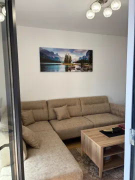 Living room with a sectional sofa, coffee table, and a wall picture. - image 8