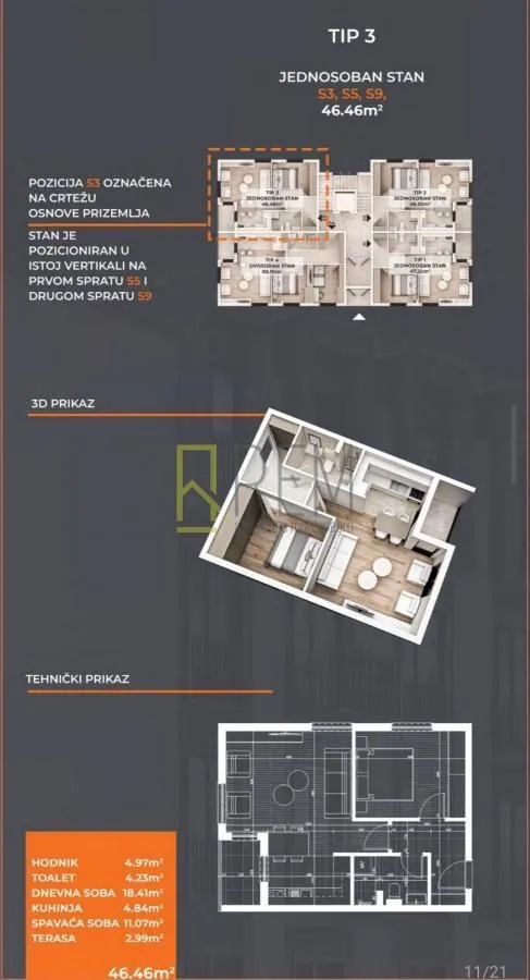 Prodaja, jednosoban stan, 46m², Stari Aerodrom, Podgorica
