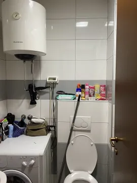 A bathroom with a washing machine, boiler, and toilet. - image 11