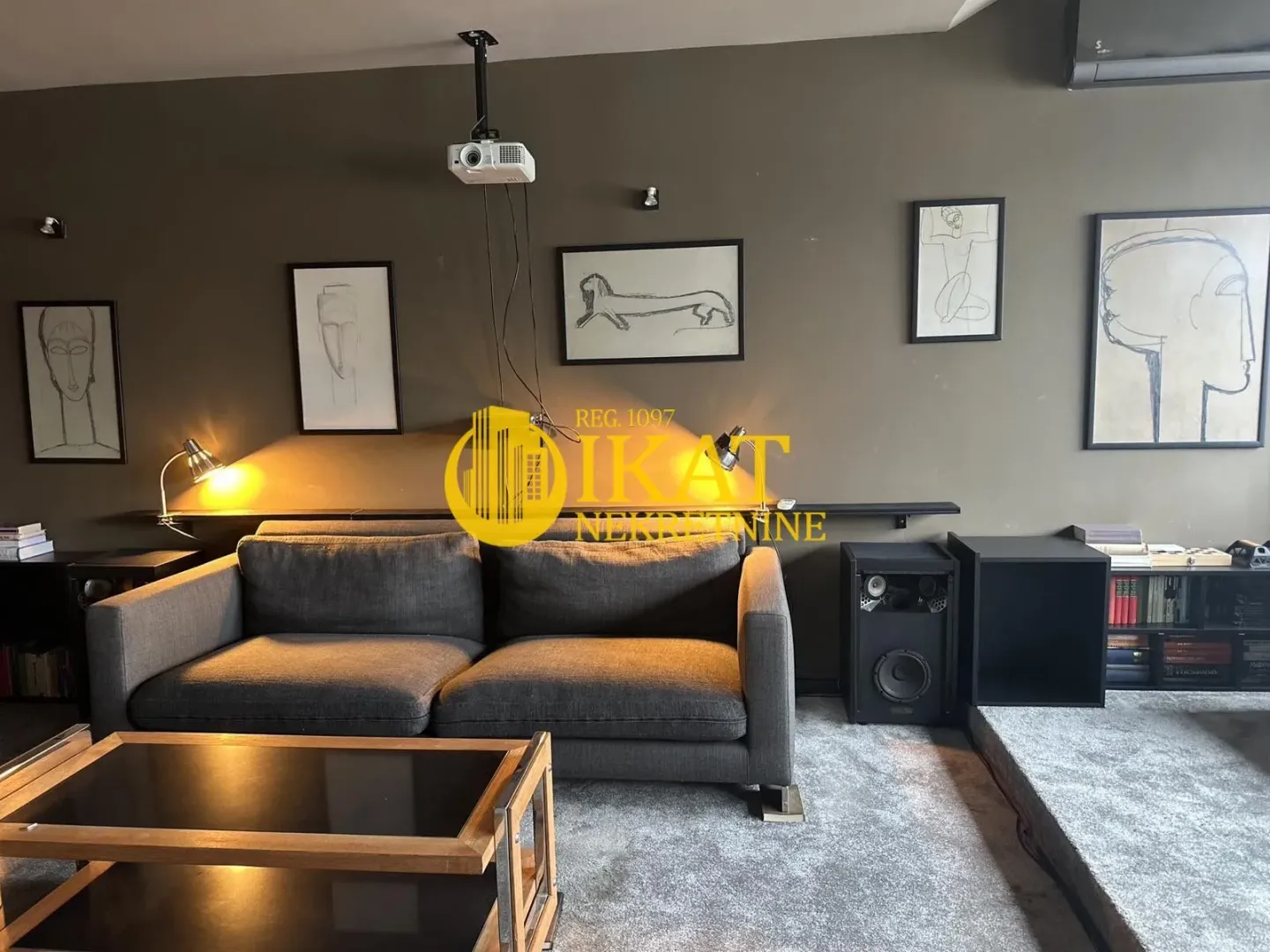 Living room with a grey sofa, coffee table, and a ceiling projector.