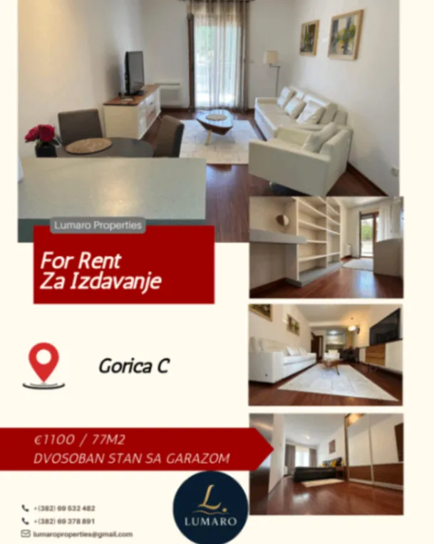 Izdavanje, dvosoban stan, 77m², Gorica C, Podgorica