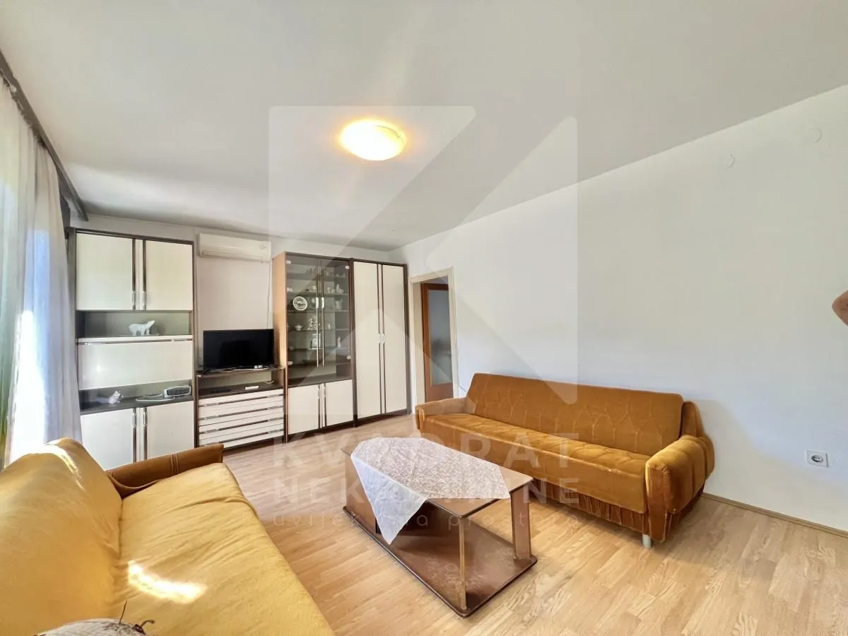 Living room with seating furniture, coffee table and cabinetry.
