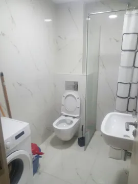 Modernly equipped bathroom with a walk-in shower, washbasin, and washing machine. - image 12