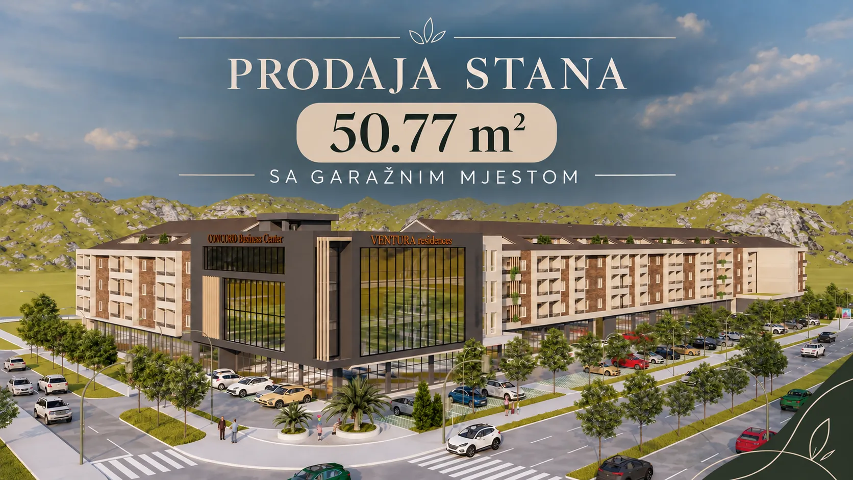 3D render moderne stambene zgrade sa okolnim uređenjem i parkingom.