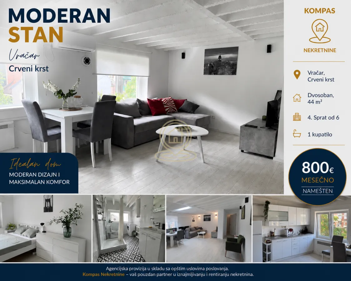 Rent, two bedroom apartment, 44m², Vračar Sve Podlokacije, Beograd