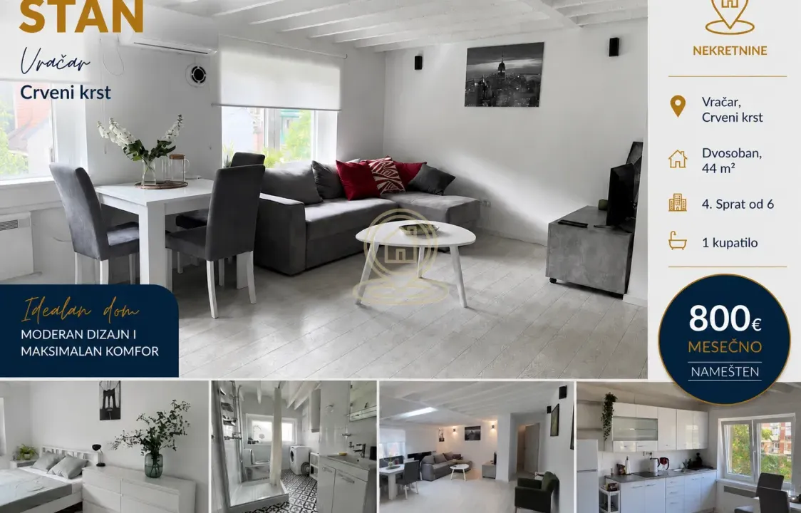 Rent, two bedroom apartment, 44m², Vračar Sve Podlokacije, Beograd