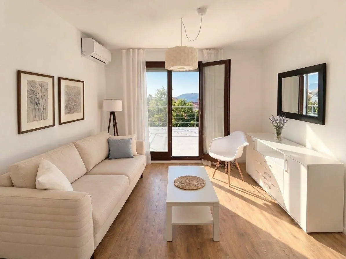 Bright and neatly furnished living room with access to the terrace.