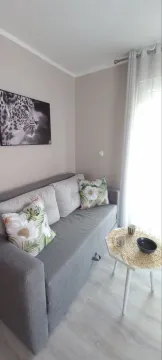 Living room with a grey sofa, pillows, and a small coffee table near the window. - image 12