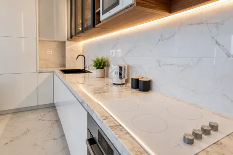 Modern kitchen with a marble countertop, built-in cooktop, and sink. - image 16