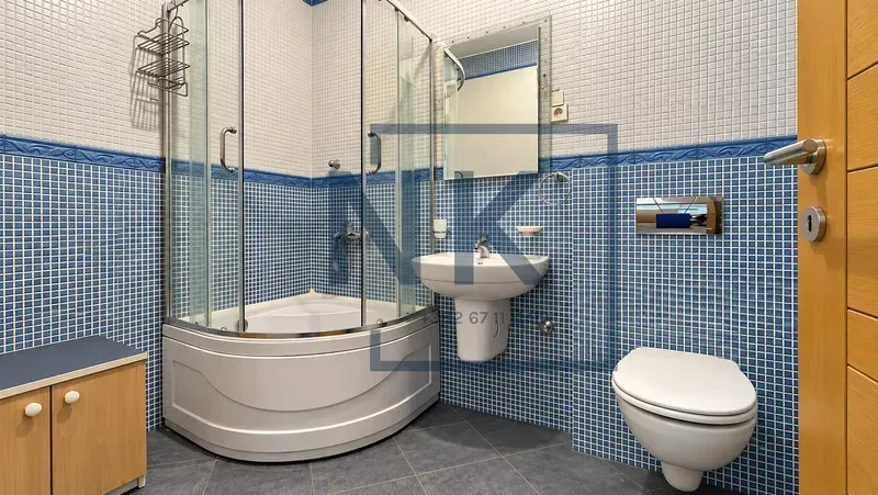 Kupatilo opremljeno tuš kabinom, umivaonikom i toaletom, sa plavim mozaik pločicama.