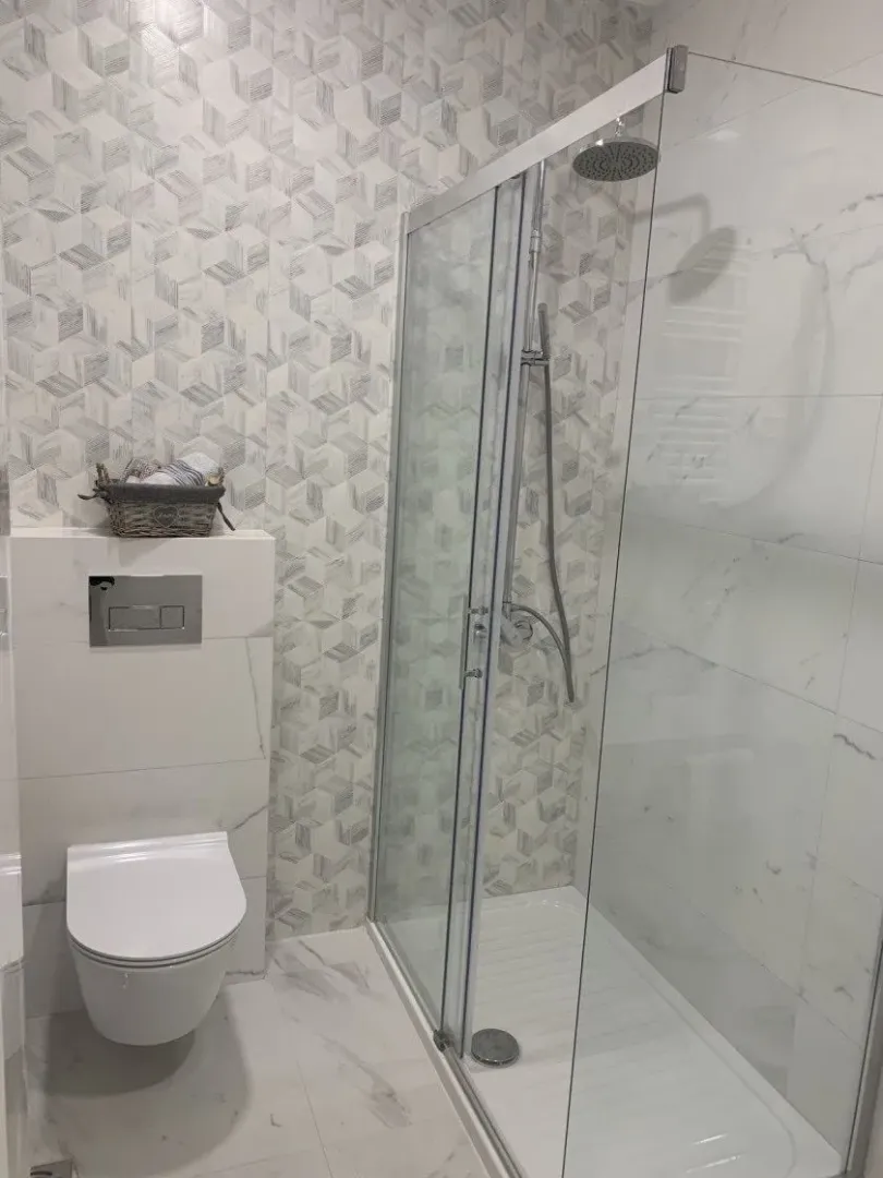 Modernly equipped bathroom with a walk-in shower and sanitary ware.
