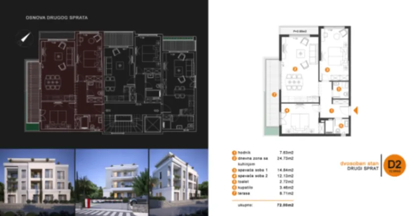 Prodaja, dvosoban stan, 72m², Mrčevac, Tivat