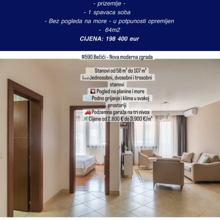 Sale, one bedroom apartment, 58m², Bečići, Budva