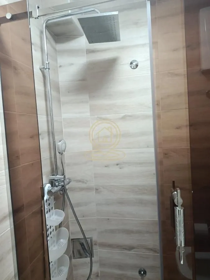 Shower cabin with a shower set and wood-pattern tiles.