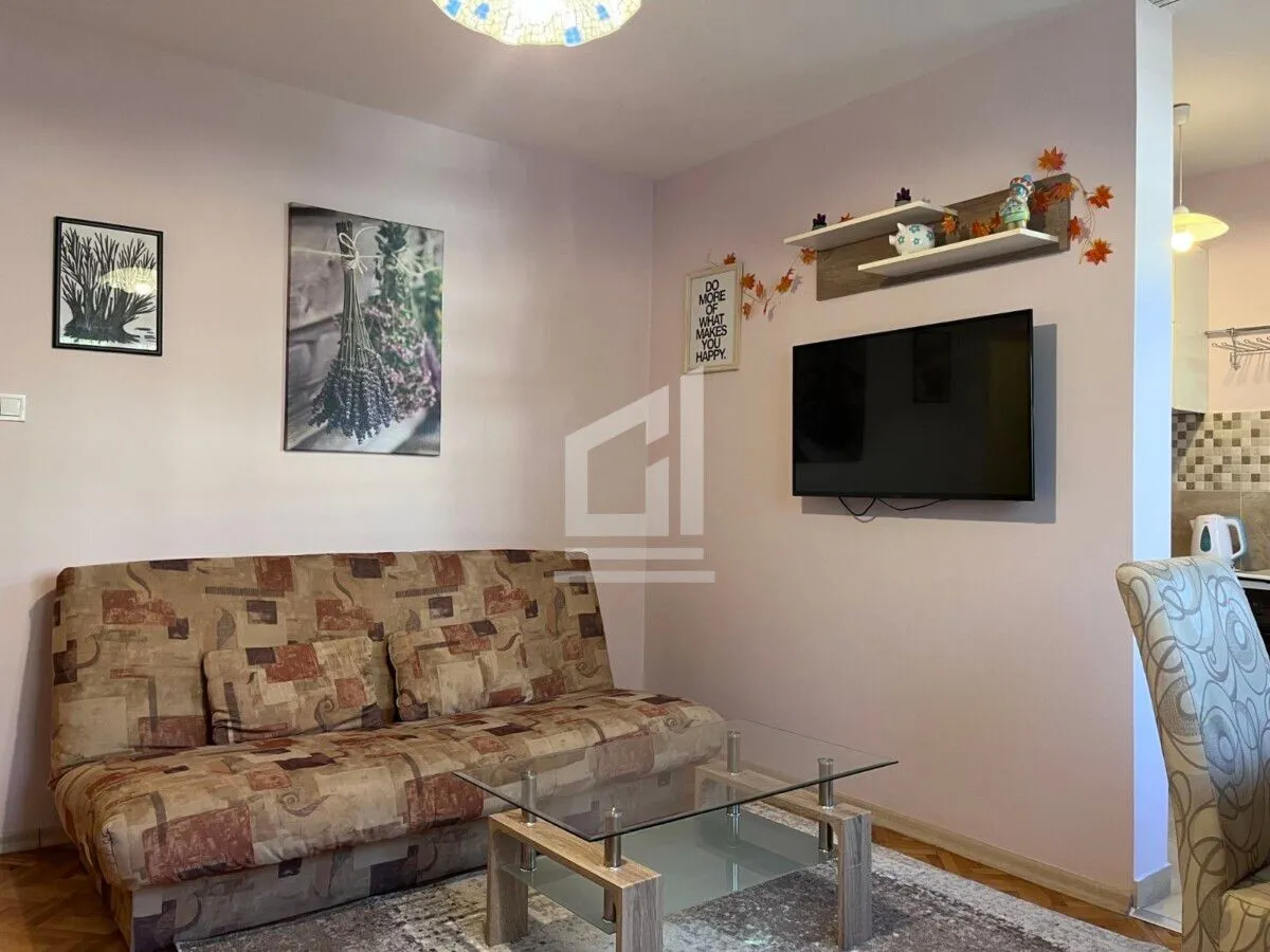 Living room with a sofa, TV, and coffee table.
