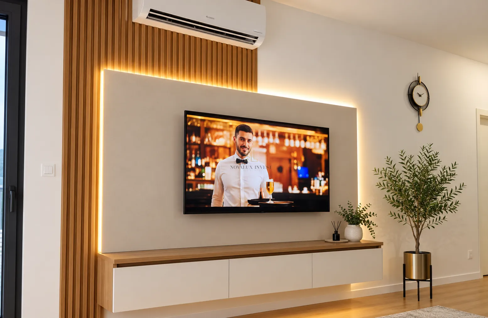 Dnevna soba sa TV uređajem i dekorativnom drvenom zidnom oblogom.