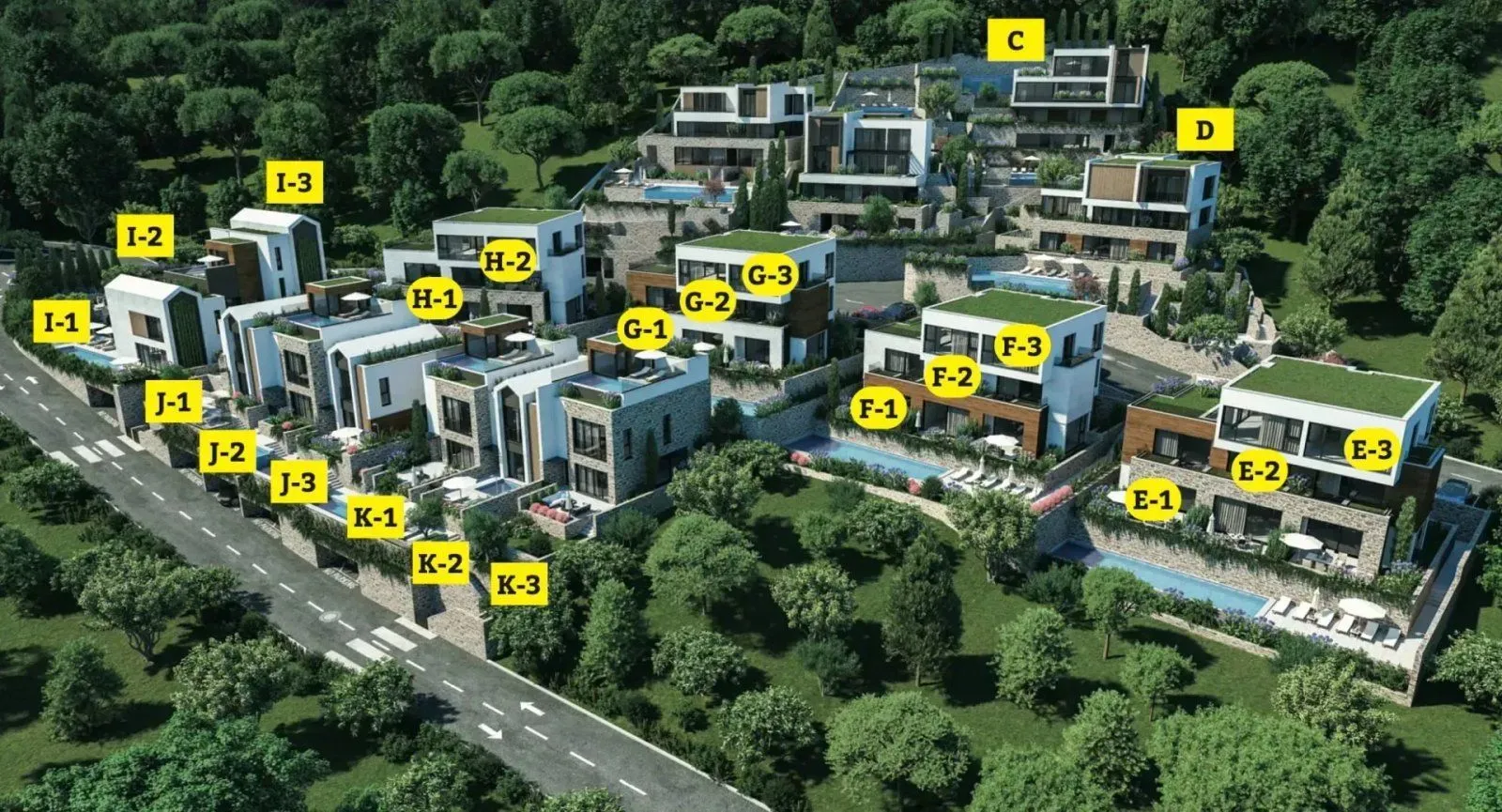 Render kompleksa luksuznih vila sa označenim objektima.