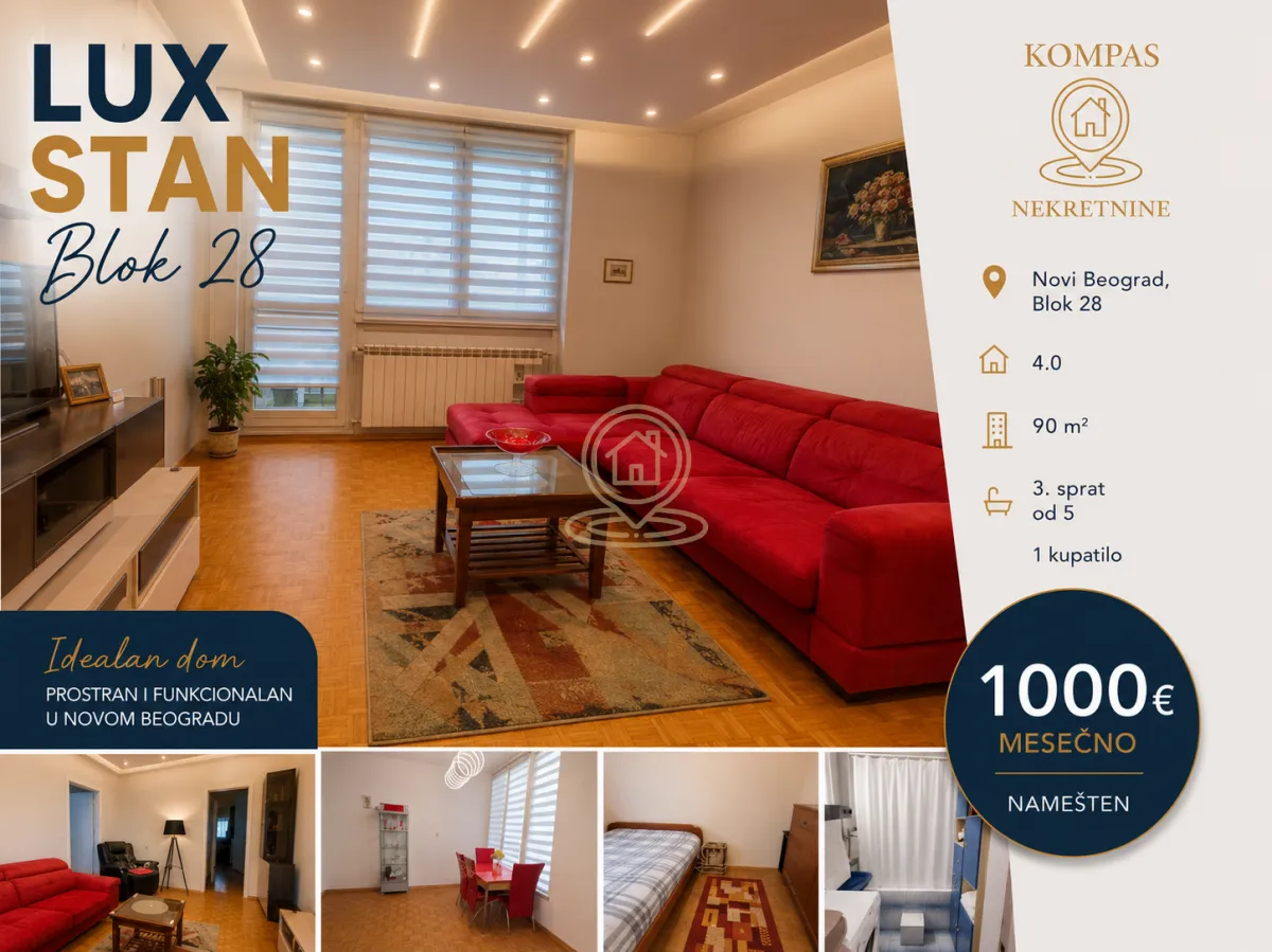 Izdavanje, četvorosoban stan, 90m², Novi Beograd Blok 28, Novi Beograd Sve Podlokacije