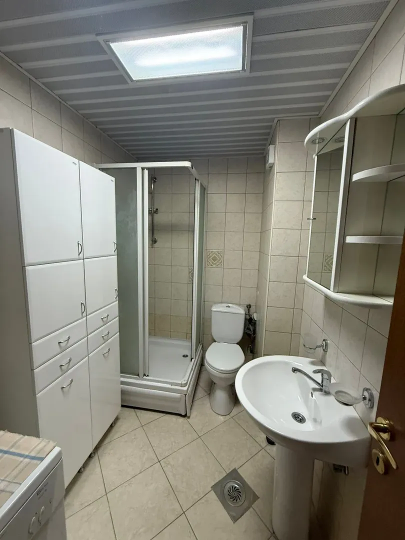 Kompaktno kupatilo sa tuš kabinom, umivaonikom i ormarićem.