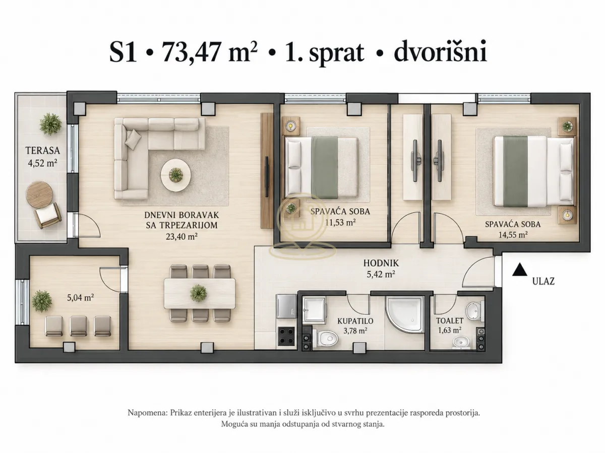 Prikaz osnove stana sa rasporedom prostorija i površinama.