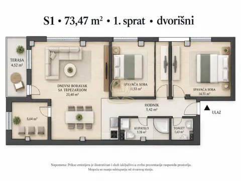 Prikaz osnove stana sa rasporedom prostorija i površinama. - image 3