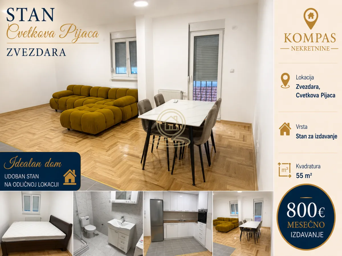 Izdavanje, dvosoban stan, 55m², Cvetkova Pijaca, Zvezdara Sve Podlokacije