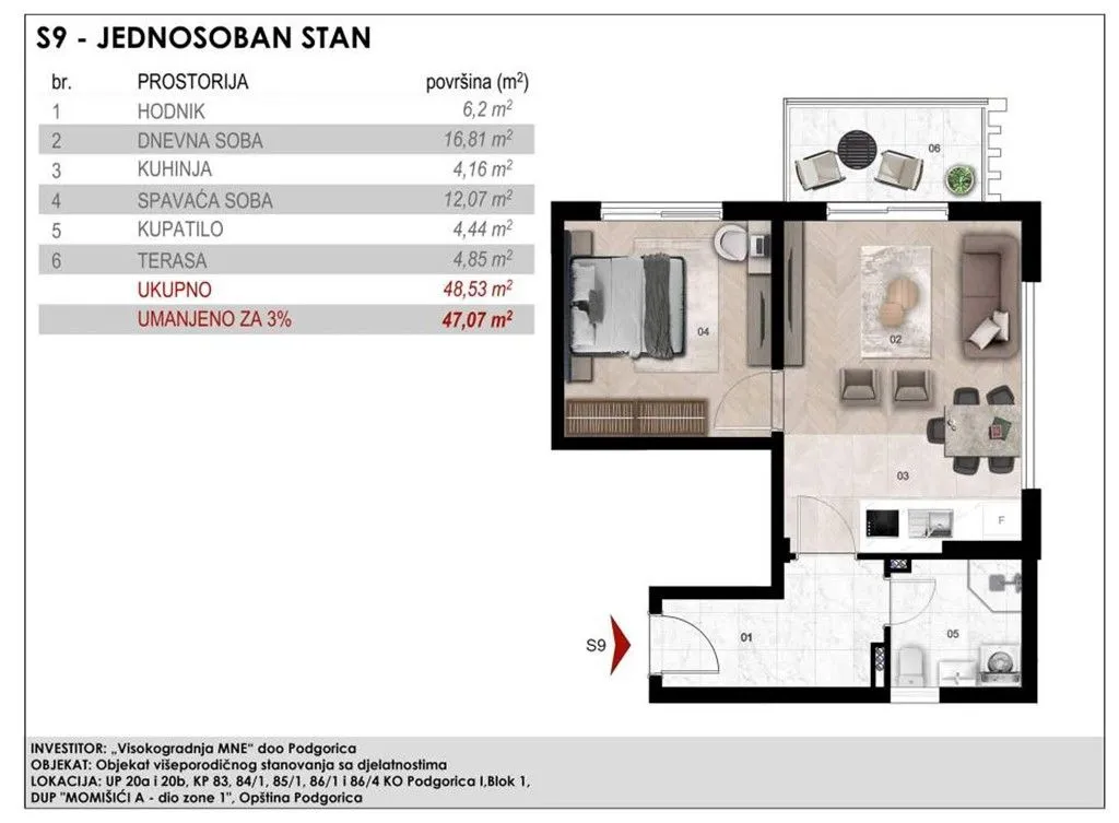 Prodaja, jednosoban stan, 38m², Stari Aerodrom, Podgorica